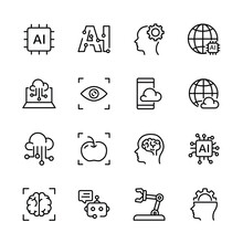 Ai, Artificial Intelligence Line Icons Set.  Vector Illustration.