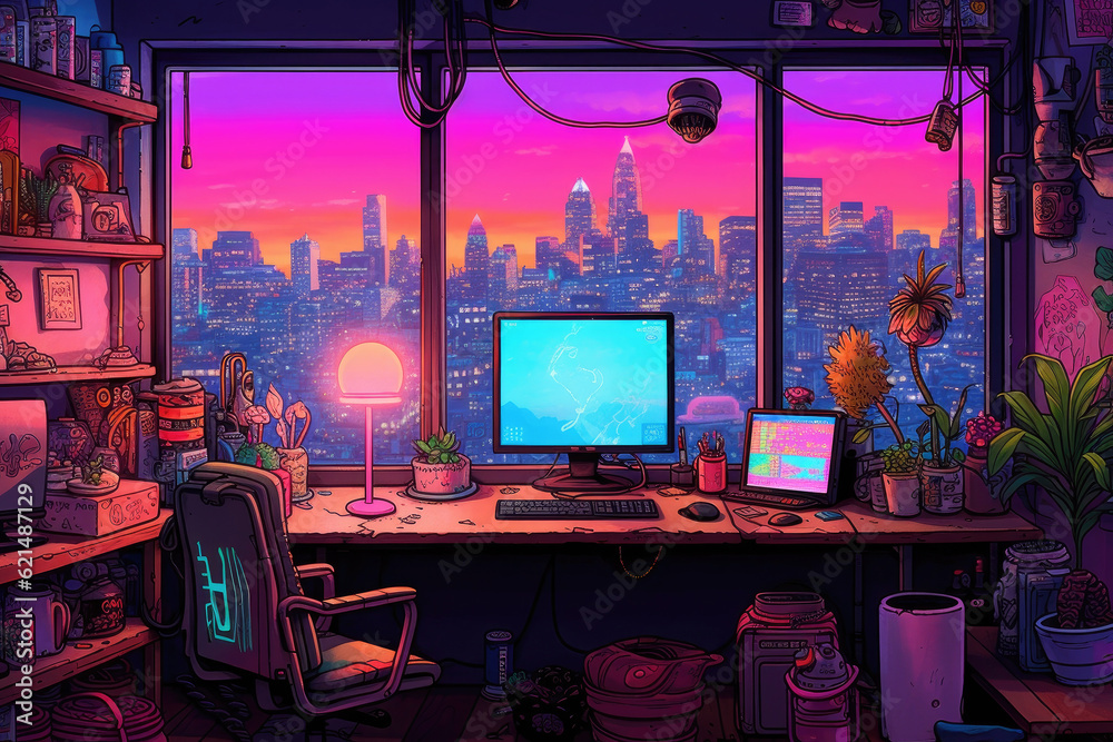 Cartoon Home Room Personal Workspace with Computer, Table and Chair by ...