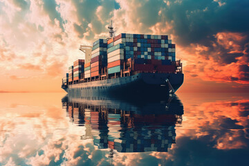 Aufkleber - Business Logistics Concept. Container Ship at Sea Surrounded by Cloud Sky extreme closeup. Generative AI