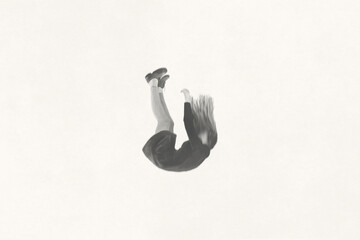 illustration of woman falling from the sky, surreal abstract concept