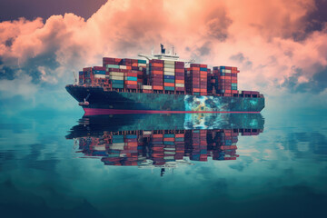 Aufkleber - Business Logistics Concept. Container Ship at Sea Surrounded by Cloud Sky extreme closeup. Generative AI