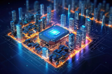 Poster - Computer Motherboard With a CPU Processor in the Shape of an Abstract Digital City extreme closeup. Generative AI