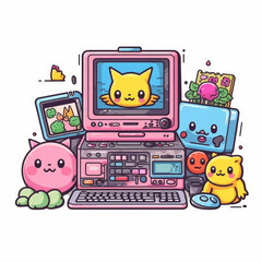 Old Computer or Game Machine Icon in Pop Art Kawaii Style on a white background. Generative AI
