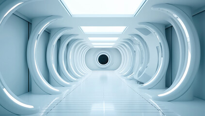 Poster - Futuristic Empty White Tunnel with a Light from the End extreme closeup. Generative ai