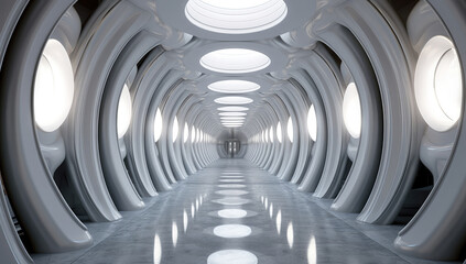 Poster - Futuristic Empty White Tunnel with a Light from the End extreme closeup. Generative ai