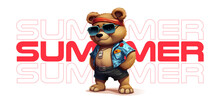 Teddy Bear A Sunglass And Summer Shirt, Slogan With Summer On White Background. Illustration For Printing On Clothing. Vector Illustration