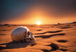 Crâne humain dans un désert aride au coucher du soleil. Generative AI.