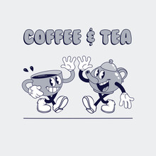 Coffee Mug And Teapot, Giving High Five, Vintage Cartoon Cafe Mascot, Retro Logo Design