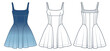 © Liubov Hladka - Women mini Dress technical fashion Illustration, blue design. Dress with shoulder straps fashion flat technical drawing template, slim fit, zip-up, corset, front and back view, white, CAD mockup set.