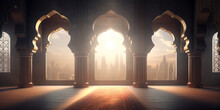 Moon Light Shine Through The Window Into Islamic Mosque Interior
