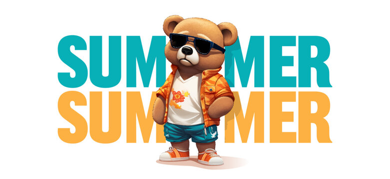 Teddy bear a sunglass and summer shirt, slogan with summer on white background. Illustration for printing on clothing. Vector illustration