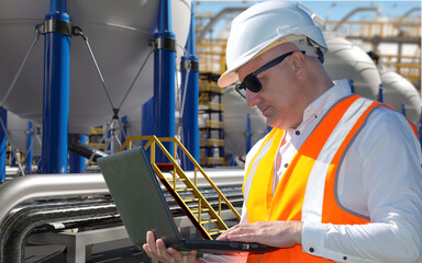 Poster - industrialist man. engineer with laptop. industrial equipment behind guy. industrialist controls pro