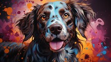  A Painting Of A Black Dog With Orange Eyes And A Blue Nose.  Generative Ai