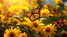  A Group Of Butterflies Flying Over A Field Of Yellow Flowers.  Generative Ai