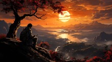  A Man Sitting On A Cliff Looking At A Sunset Over A Lake.  Generative Ai
