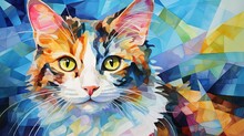  A Colorful Cat With Yellow Eyes Is Shown In This Painting.  Generative Ai