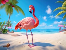 Funny Flamingo 3D Illustration, Pink Flamingo In The Beach, Summer Vibes,AI Generative 