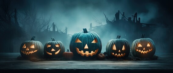 Wall Mural - Halloween Jack -o-Lantern, pumpkin lantern in misty fog spooky atmosphere, Generative Ai