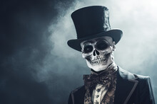 Halloween Theme Dark Fantasy, Gentleman Skeleton Wearing Tuxedo And Top Hat, Generative Ai