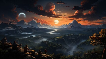 Wall Mural - a painting of people sitting on top of a mountain at sunset. generative ai