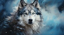  A Painting Of A Wolf With Blue Eyes And Snow Flakes.  Generative Ai