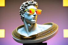 A Fascinating Art Collage Featuring A Statue Of David Wearing Modern Sunglasses With Bright Neon Lighting, A Mix Of Classic And Modern Aesthetics. The Intersection Of Art, Pop Culture And Creativity. 