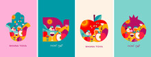 Rosh Hashanah, Jewish New Year Holiday Symbols, Objects And Illustrations. Apple, Pomegranate, Hamsa And Dove, Filled With Traditional Icons And Symbols. Translate From Hebrew - Happy New Year