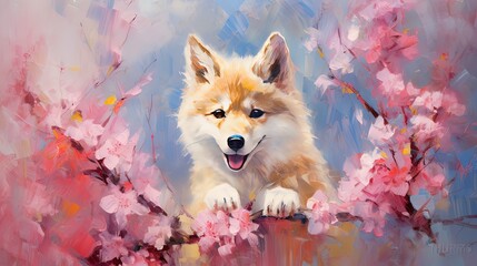 Wall Mural - art illustration of cute fox in flower blossom atmosphere, Generative Ai