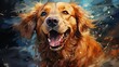  a painting of a golden retriever dog with its mouth open.  generative ai