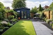 A general view of a back garden with artificial grass, grey paving slab patio, flower bed with plants, timber fences, blue shed, summer house garden timber outbuilding, generative ai