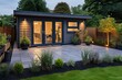 © Creative Station - A general view of a back garden with artificial grass, grey paving slab patio, flower bed with plants, timber fences, blue shed, summer house garden timber outbuilding, generative ai
