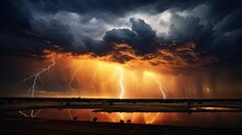 A Dramatic And Stormy Sky, With Dark Clouds Swirling And Flashes Of Lightning Illuminating The Landscape. Generative Ai