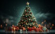 canvas print picture - A huge Christmas tree with bright lights and presents.