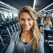 Portrait of beauty woman standing taking a selfie with activewear in the background of sport gym. created with generative AI technology.