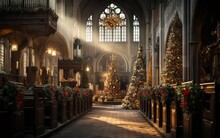 The Interior Decoration Of A Church On Christmas