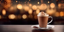 Close Up Of Hot Drink With Chocolate On Wooden Table With Copy Space