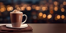 Close Up Of Hot Drink With Chocolate On Wooden Table With Copy Space