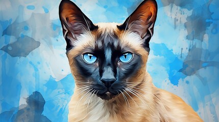 Wall Mural -  a painting of a siamese cat with a blue background.  generative ai