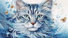  A Painting Of A Cat's Face With Butterflies Around It.  Generative Ai