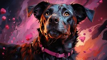  A Black Dog With A Pink Collar Looking At The Camera.  Generative Ai