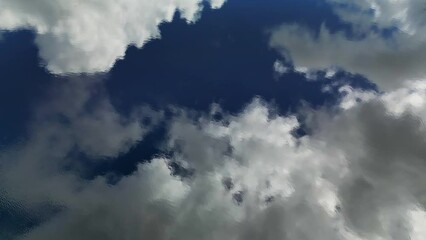 Wall Mural - aerial top view of blue sky with clouds reflection in water of lake, abstract background, 4k