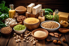 Many Kinds Of Small Bowls Of Grains And Legumes On A Wooden Background. Healthy Lifestyle, Proper Nutrition, And Ecology. Healthy Eating, Cooking, And Ecology