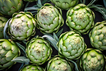 Wall Mural - Fresh artichokes on display at a farmers market. Generative AI