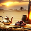 Dates, teapot, cup with tea near the fire in the desert with a beautiful background
