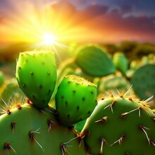 Texas Prickly Pear Cactus With Green Fruit With Sunset Background