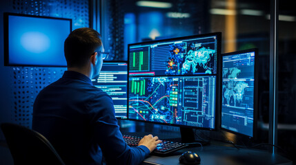 Poster - Rear view of male security guard in headset working in surveillance room. Generative AI