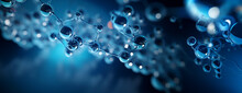 Blue Molecule Atoms Structures On Blue Liquid Serum Background. Science Molecular Water Drop DNA Model Structure Atoms Bacgkround Medical