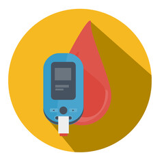 Poster - Diabete, test del glucosio e zucchero nel sangue. Glucometro, pillole, produzione di insulina. Dispositivo di misurazione del glucosio diabetico con indicazione del bordo disegno  