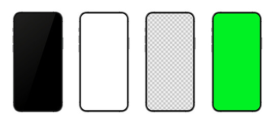 Poster - Set realistic trendy different black smartphone mockup with white empty transparent, white, green, black touch screen. Detailed mockup smartphone, model mobile - stock vector