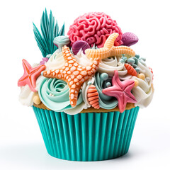 Poster - Cupcakes decorated with buttercream flowers and seashells isolated on white background
